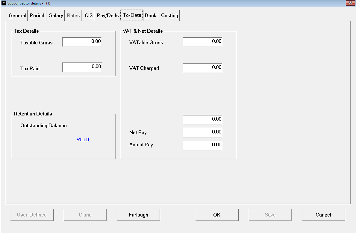 Subcontractor details - To-Date tab screen fields 